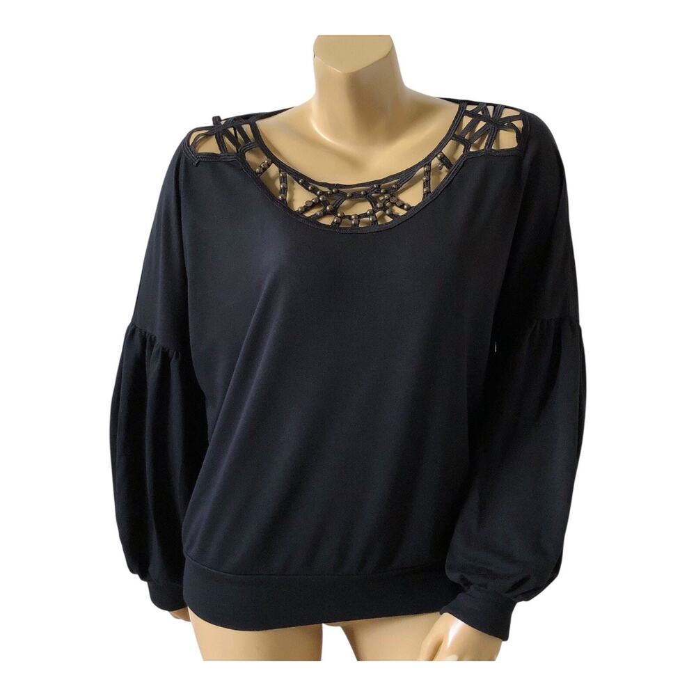 Venus Top Womens M Black Beaded Cutout Neck Balloon Sleeve Stretch Boho Blouse